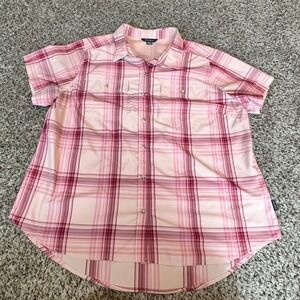 Eddie Bauer Womens XL Pink Plaid Short Sleeve Button Down Hiking Shirt Pocket